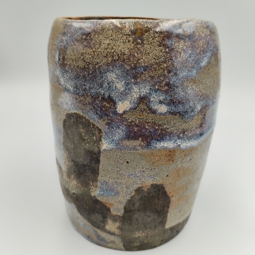 Vintage Studio Art Pottery Vase‎ Iridescent Raku Glaze Signed Abstract Stoneware